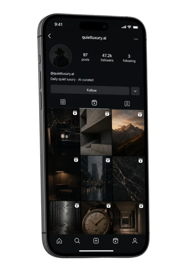 Faceless AI theme page on iPhone — @quietluxury.ai, 47.2k followers