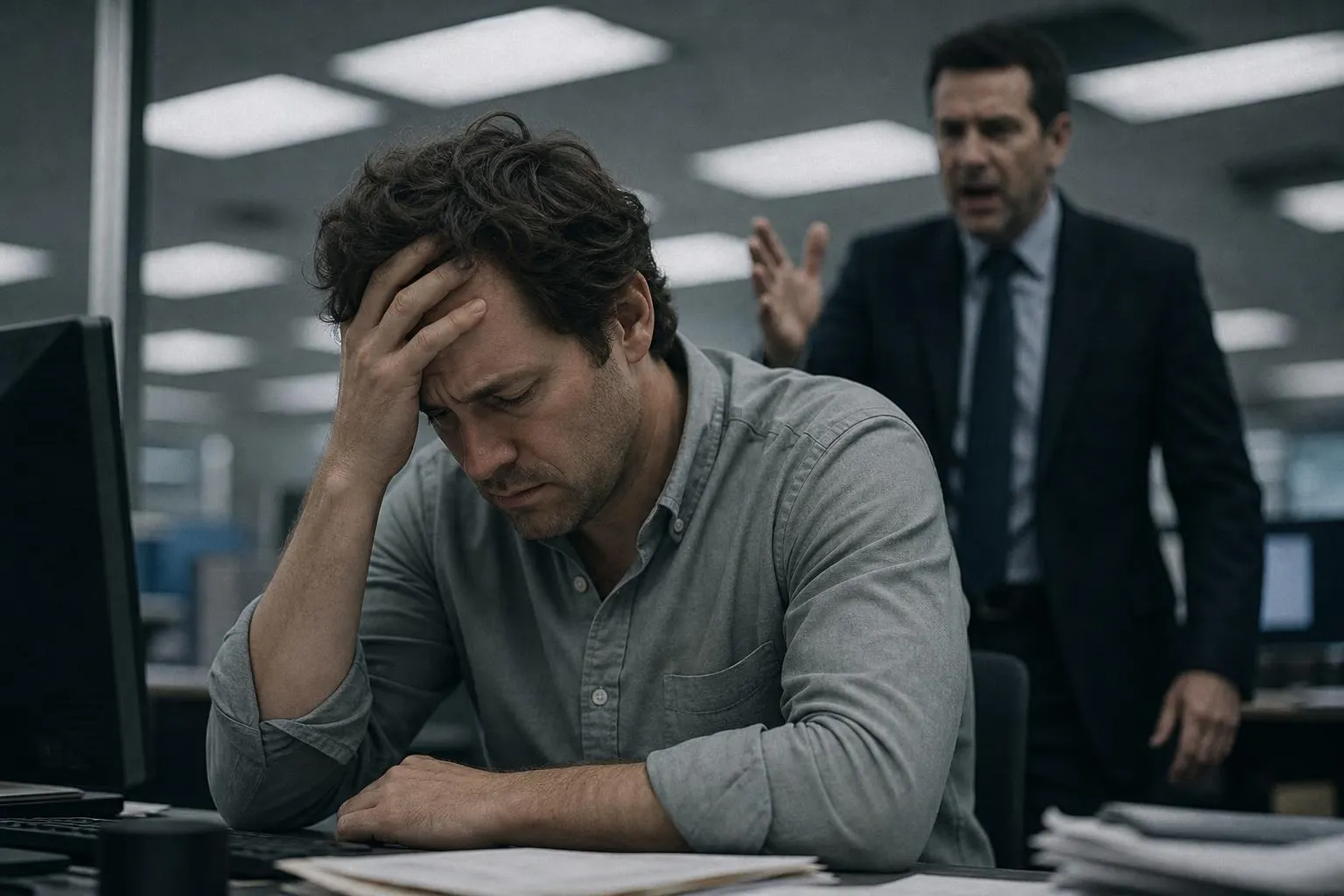 Exhausted office worker hunched at desk with hand pressed to forehead while a boss looms behind him gesturing aggressively