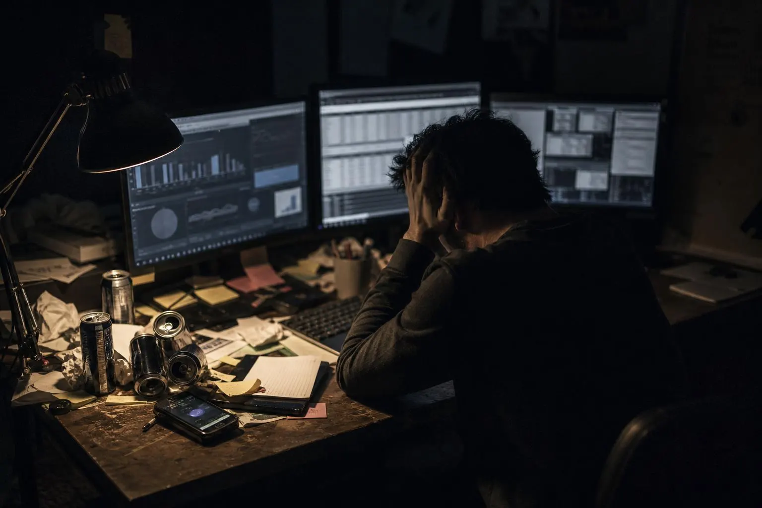 Exhausted man slumped at a cluttered home desk at night with three glowing monitors, energy drink cans, and a vibrating phone