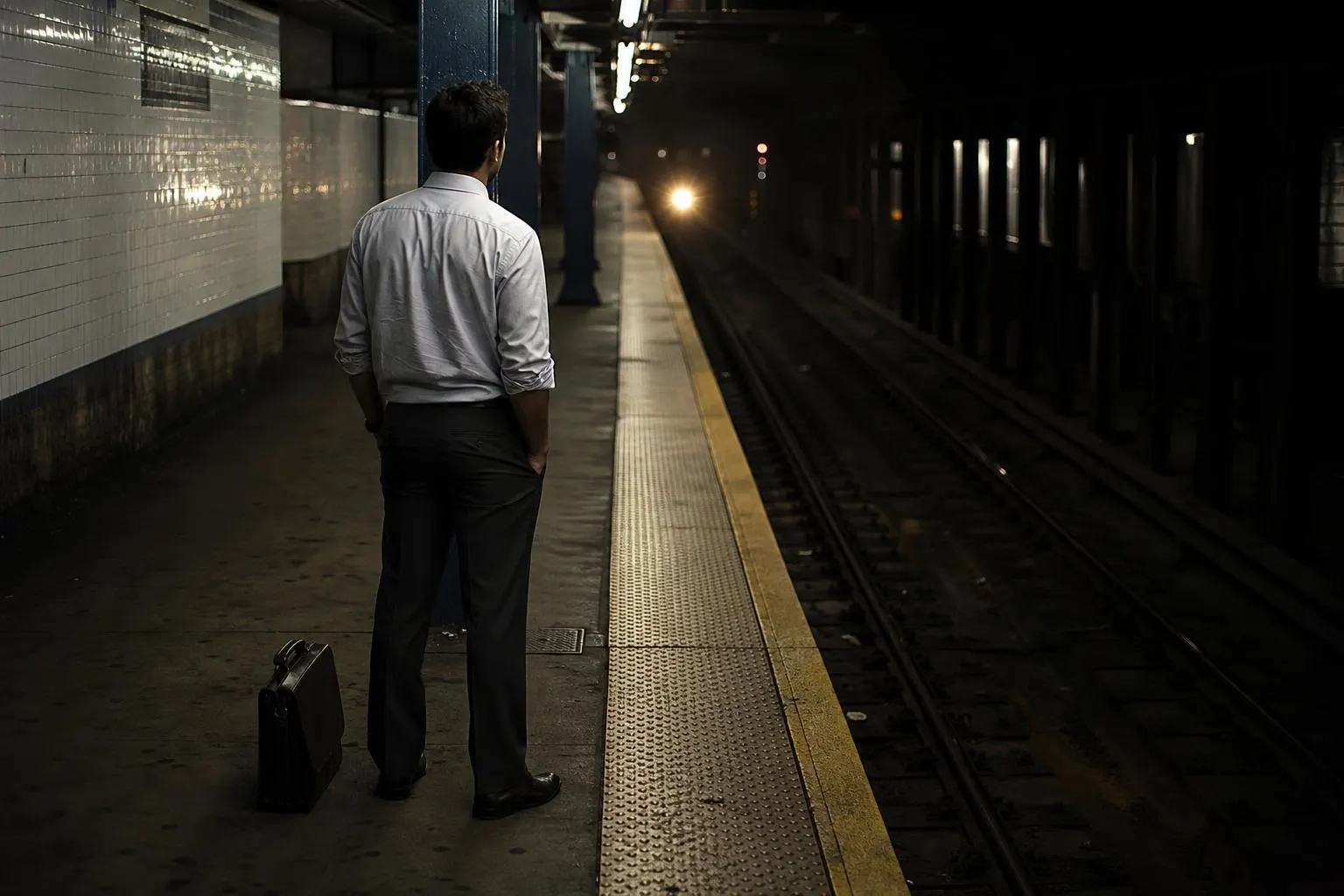 Lone man in shirt and loosened tie standing on an empty subway platform at night, briefcase at his feet, distant train light approaching