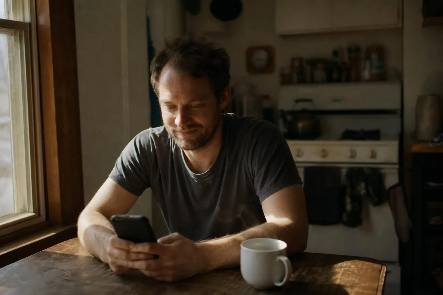 A man in his mid-30s sitting alone at a wooden kitchen table in soft morning light, holding his phone with a quiet half-smile, a steaming coffee mug next to him